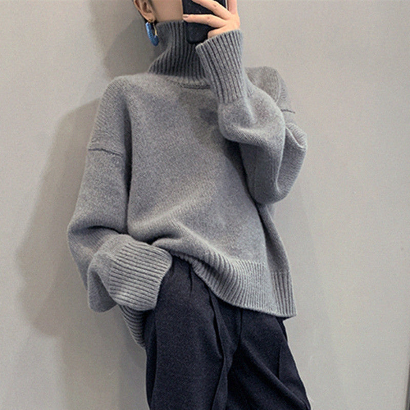 Loose Solid Color Turtleneck Wool Knit Sweater