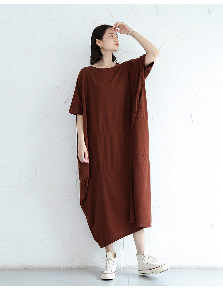 Loose Solid Round Neck Bat Sleeve Maxi Dress With Pocket