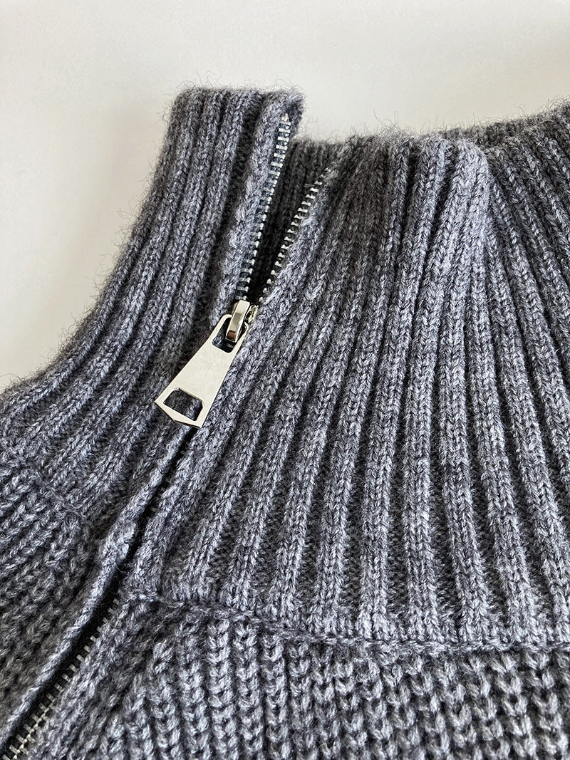 Casual Solid Color Zipper Turtleneck Knit Sweater