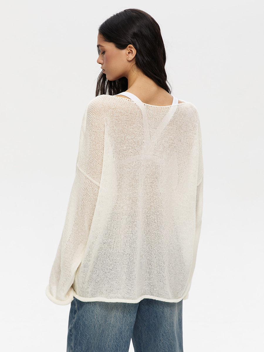 Hollow sweater spring and summer women's see-through thin scoop bell sleeve knitted T-shirt