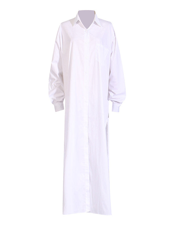 Long Sleeves Loose See-Through Solid Color Split-Joint Split-Side Lapel Maxi Dresses Shirt Dress