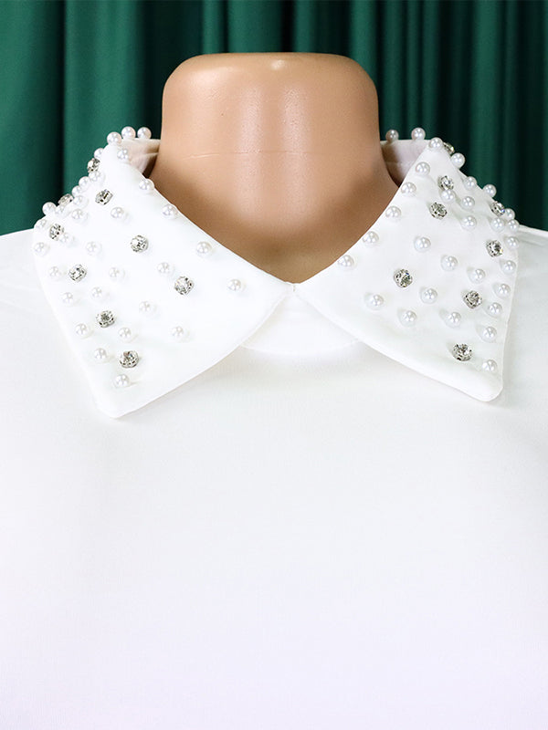 Puff Sleeves Beads Mesh Solid Color Split-Joint Round-neck Midi Dresses