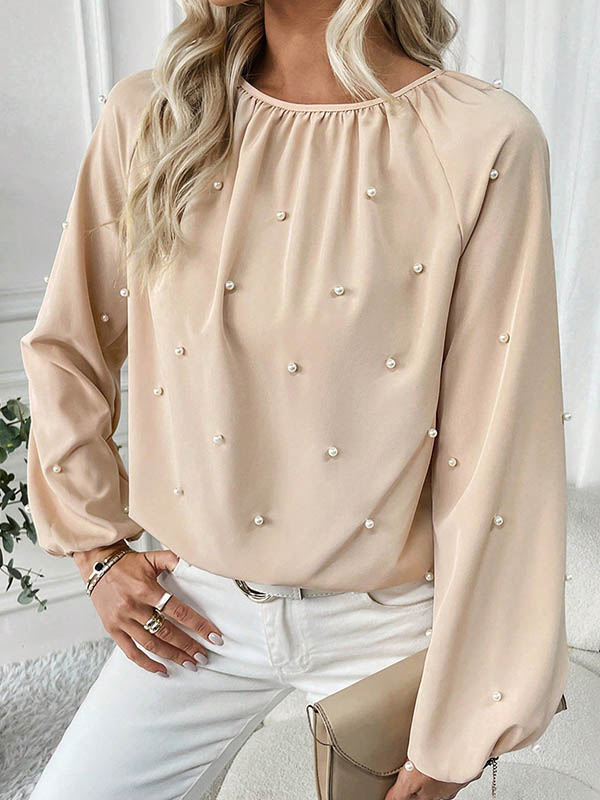 Long Sleeves Loose Beaded Elasticity Pleated Solid Color Round-Neck Blouses&Shirts Tops