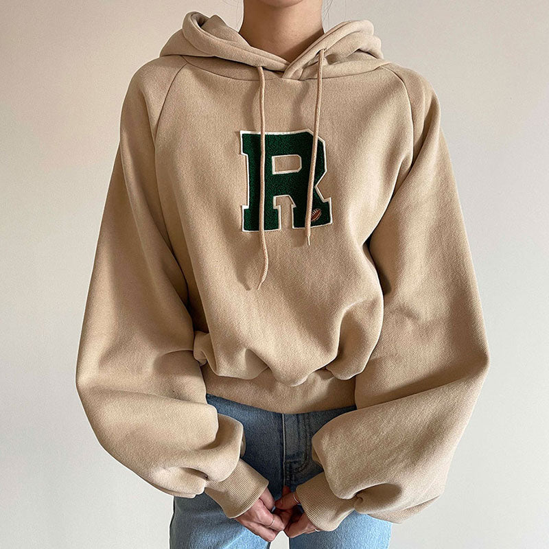 Versatile Embroidered Hooded Long Sleeve Sweatshirt