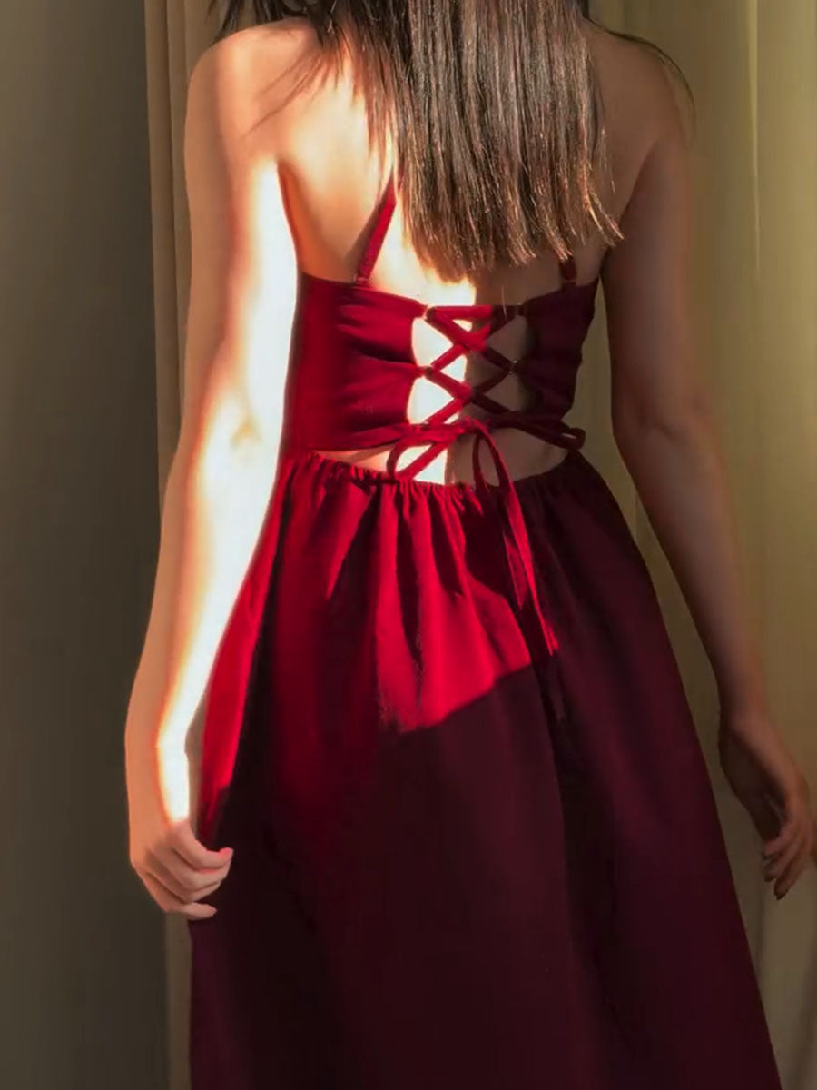Elegant red sleeveless backless dress