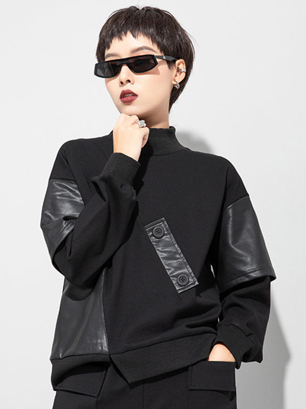 Thicken PU Split-Joint False-Two Asymmetric Sweatshirt