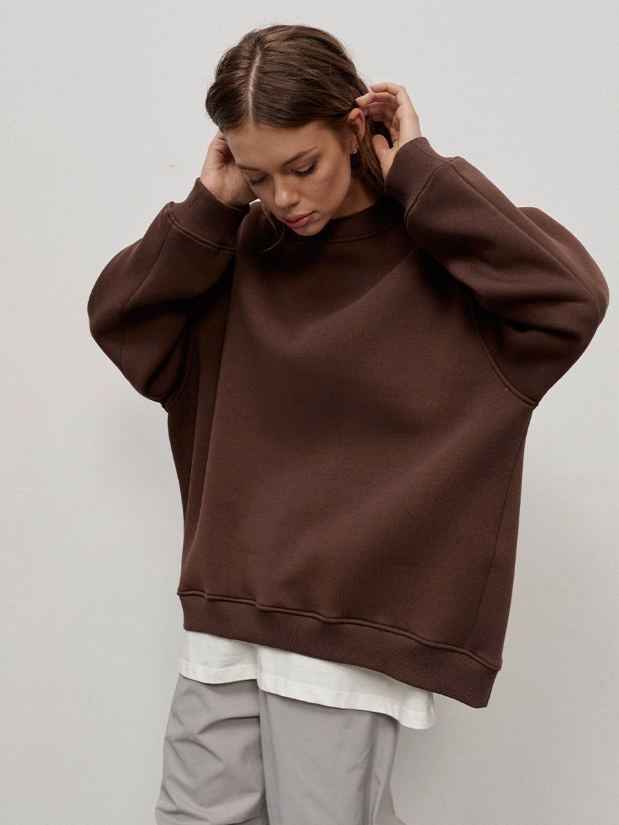 Round neck loose sweatshirt women's autumn winter Street solid color Oversize polar fleece pullover top