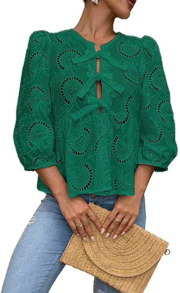 Women's Lace 3/4 Length Puff Sleeve Peplum Tops (Buy 2 Free Shipping)