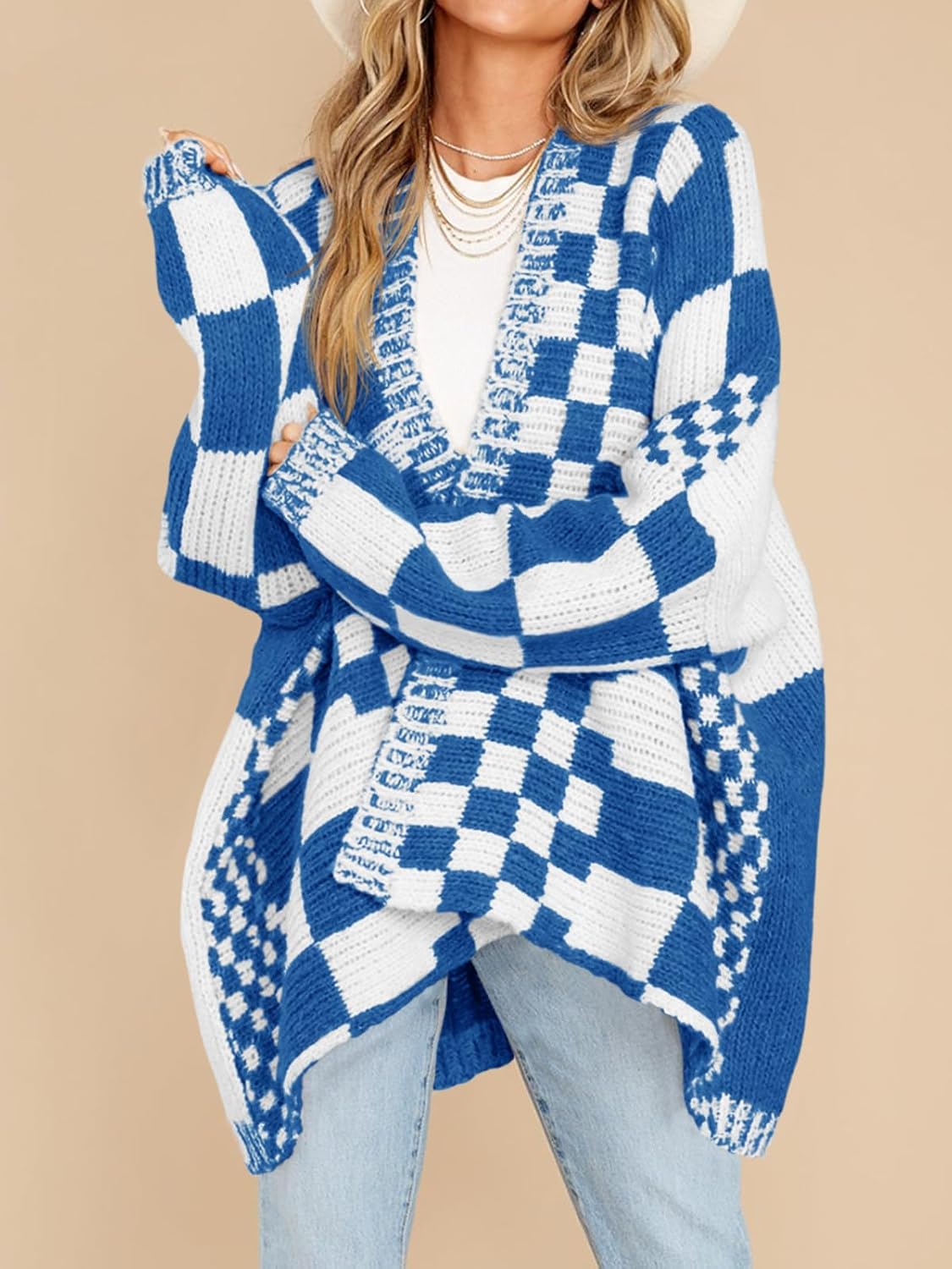 Oversized Knit Colorblock Checkered Cardigan Sweater【Buy 2 Free Shipping】