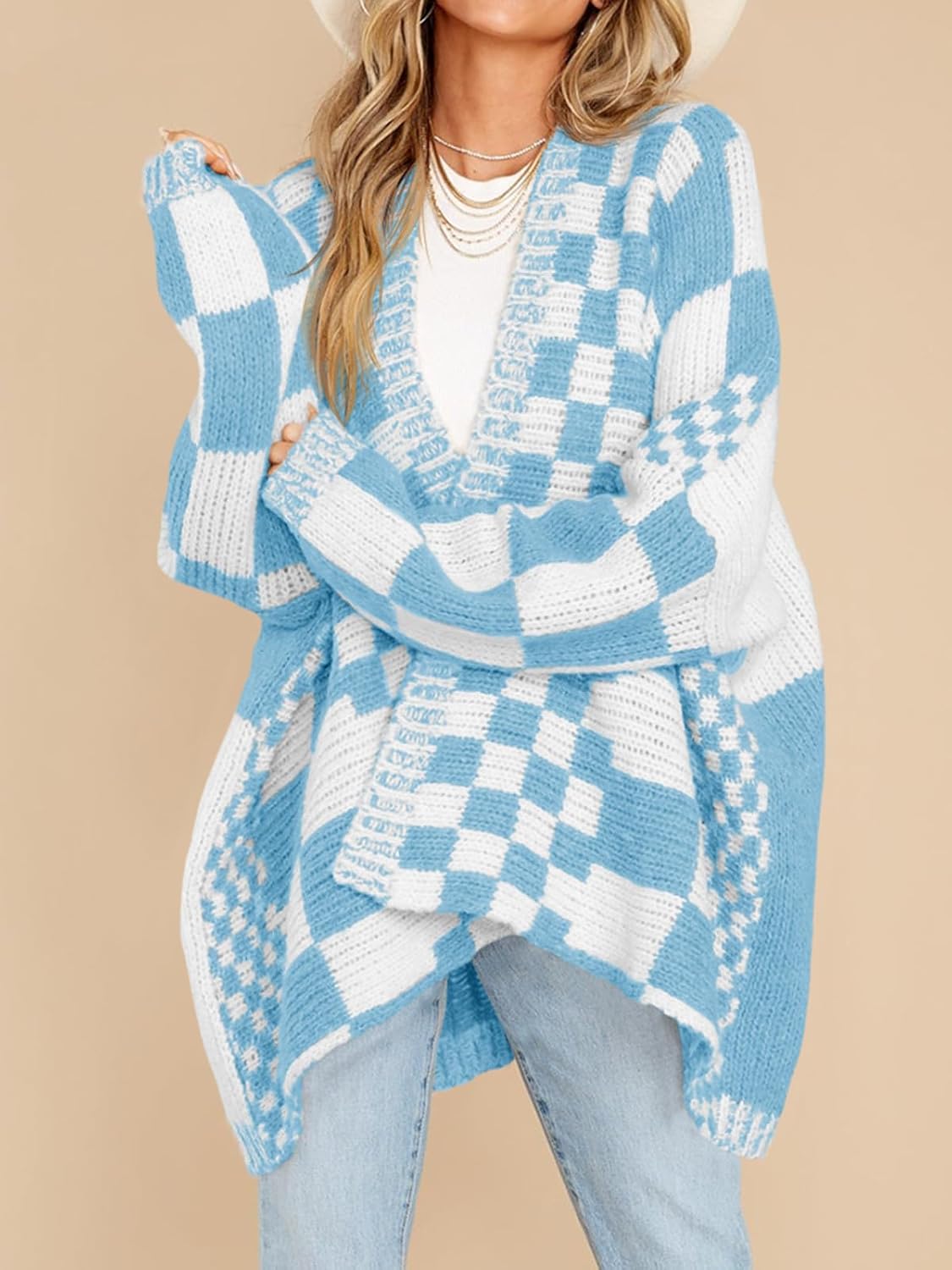 Oversized Knit Colorblock Checkered Cardigan Sweater【Buy 2 Free Shipping】