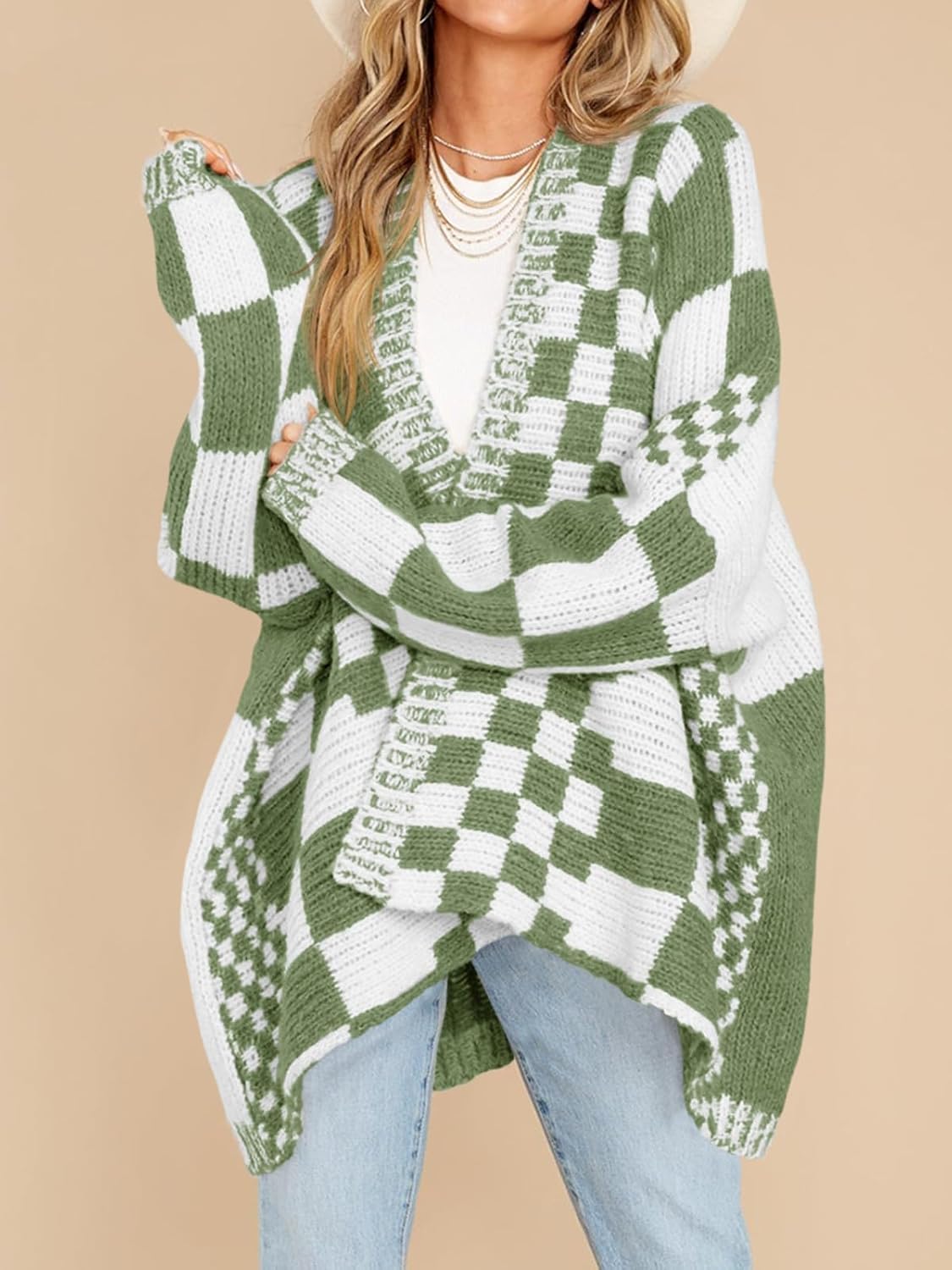 Oversized Knit Colorblock Checkered Cardigan Sweater【Buy 2 Free Shipping】