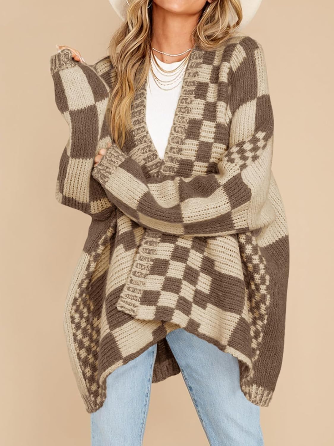 Oversized Knit Colorblock Checkered Cardigan Sweater【Buy 2 Free Shipping】