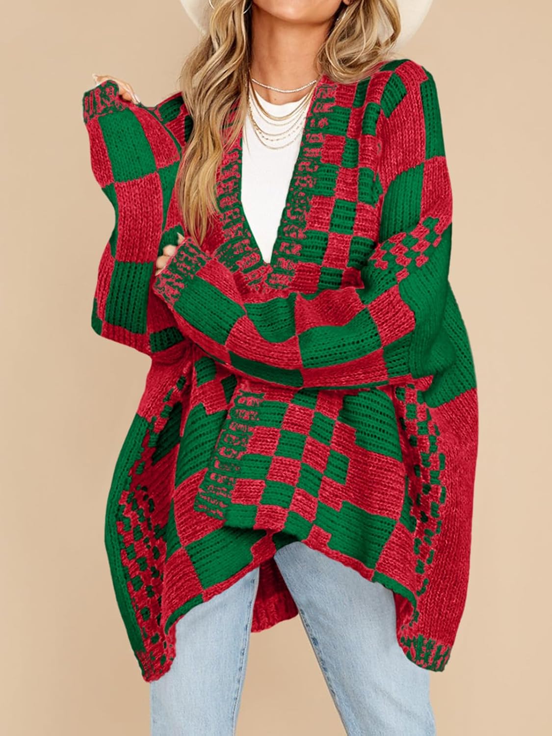 Oversized Knit Colorblock Checkered Cardigan Sweater【Buy 2 Free Shipping】