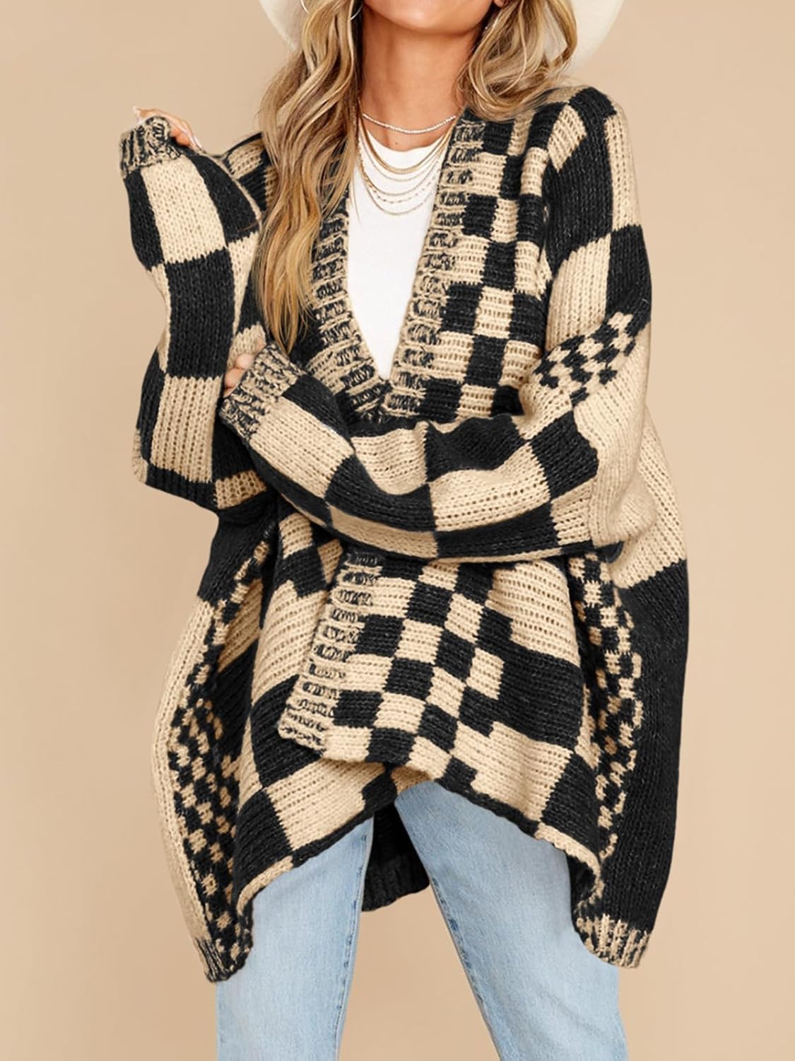 Oversized Knit Colorblock Checkered Cardigan Sweater【Buy 2 Free Shipping】