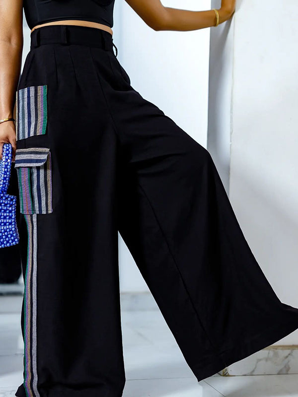 High Waisted Loose Pockets Split-Joint Striped Pants Trousers