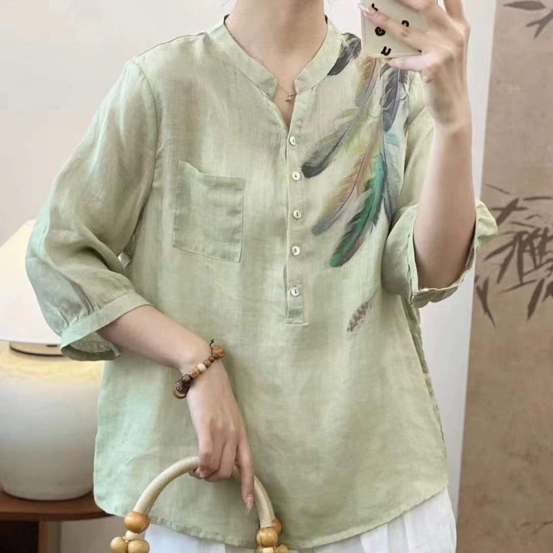 Literary Feather Print Ramie Shirt