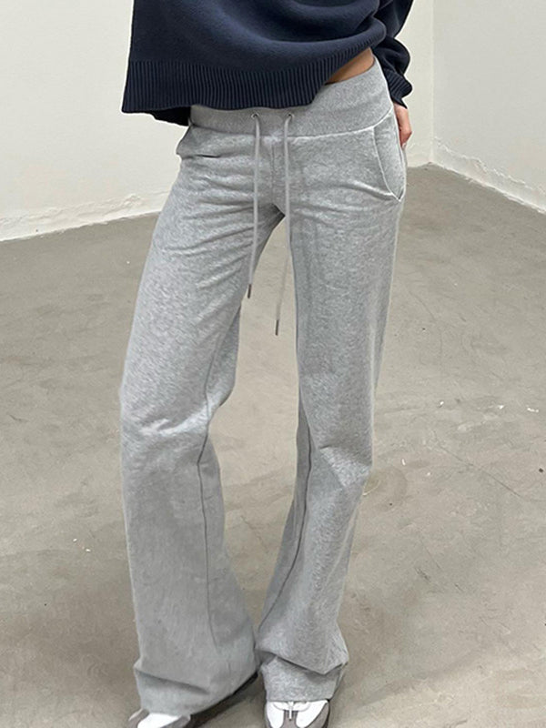 Flared Pants Loose Drawstring Pockets Solid Color Pants Trousers