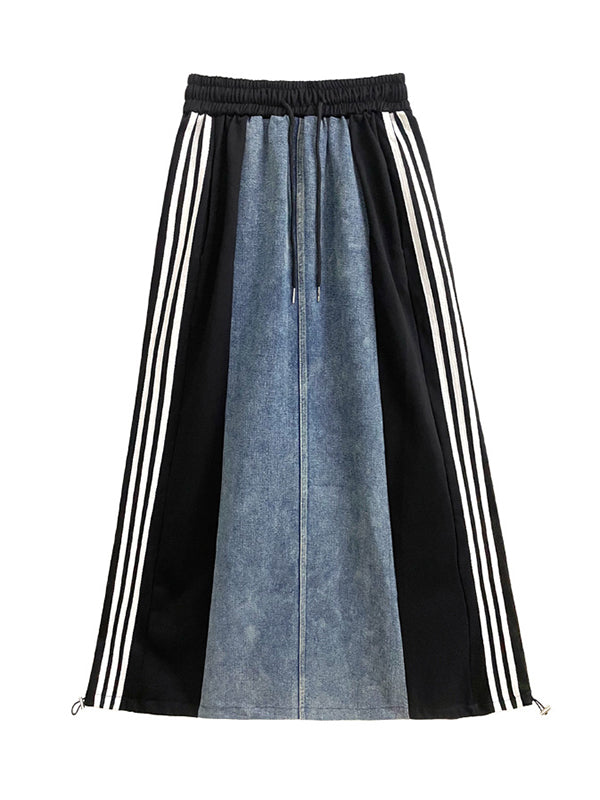 A-Line Loose Contrast Color Drawstring Split-Joint Striped Skirts Bottoms