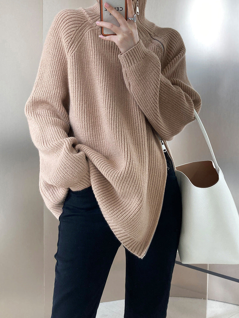 Casual Solid Color Zipper Turtleneck Knit Sweater