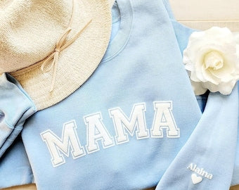 Mama Keepsake Sweatshirt with Puff .LetteringPersonalized Kid Names on Sleeve, Mama Sweater, New Mom Gift