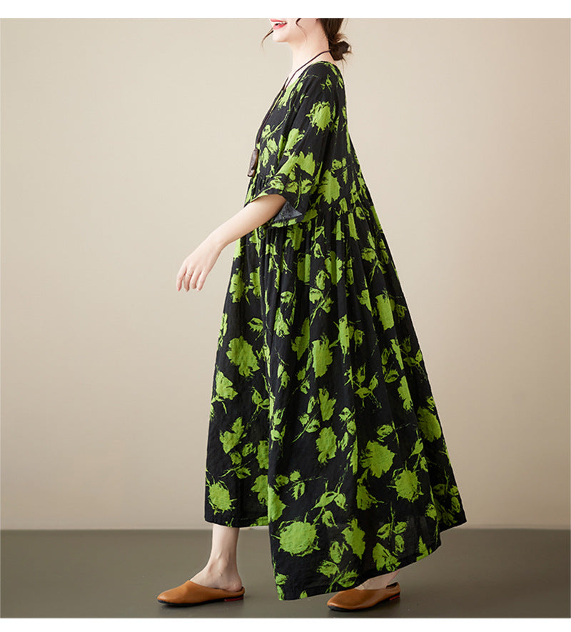 Bohemian Print Short Sleeve Round Neck Midi Dress