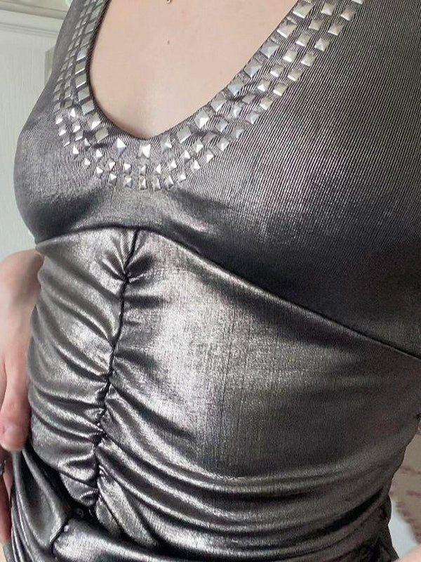 Skinny Sleeveless Backless Pleated Rhine Stones Tied Halter-Neck Vest Top