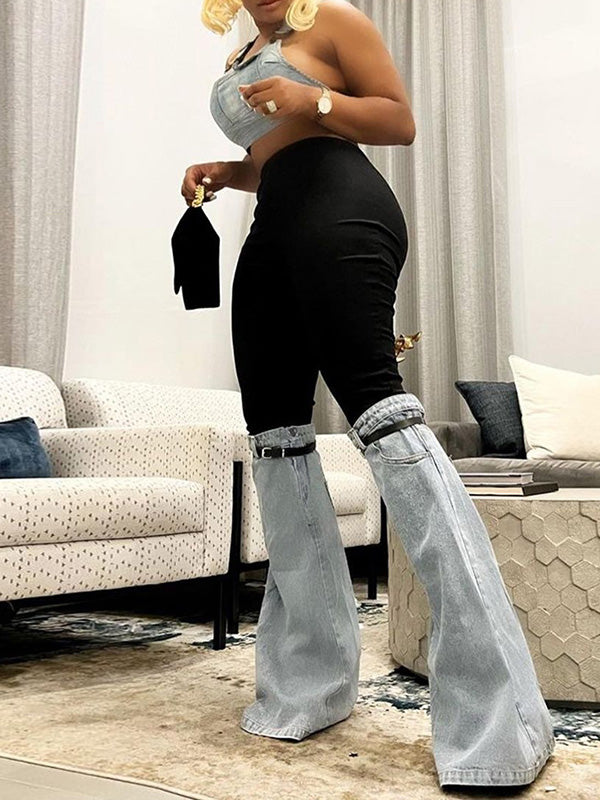 High Waisted Belted Split-Joint Flared Trousers