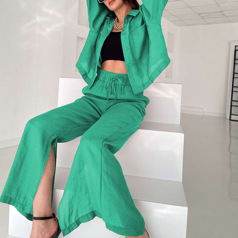Lapel collar shirt slit wide legs casual two-piece set