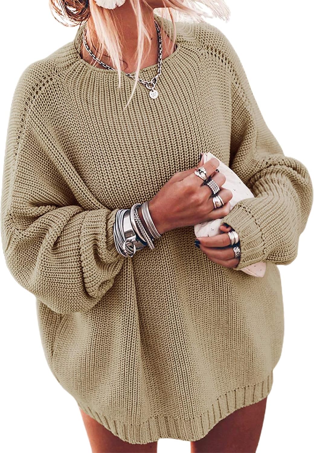 Women's Oversized Sweaters Batwing Sleeve Mock Neck Jumper Tops Chunky Knit Pullover Sweater