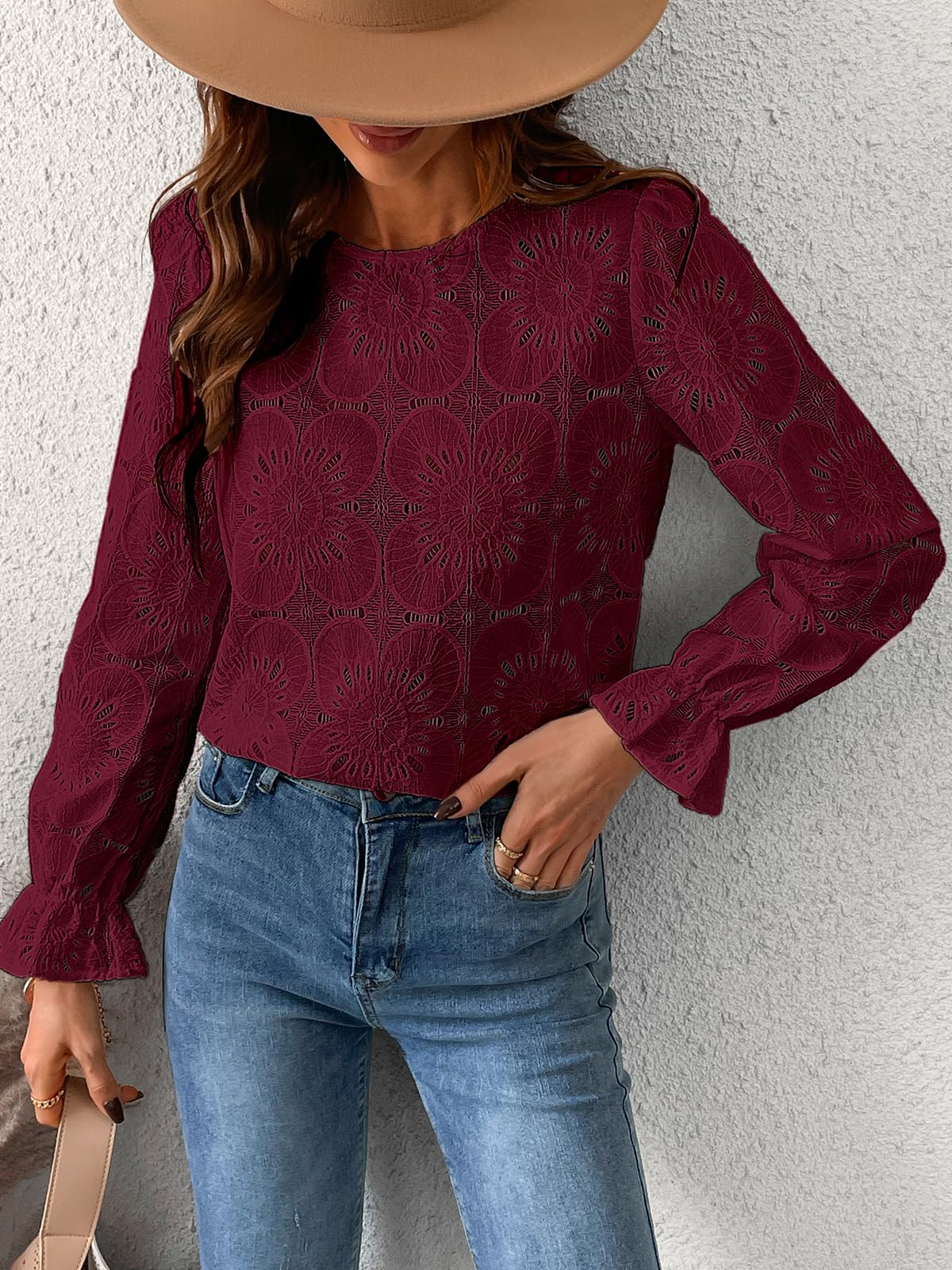 Women Eyelet Long Sleeve Tops