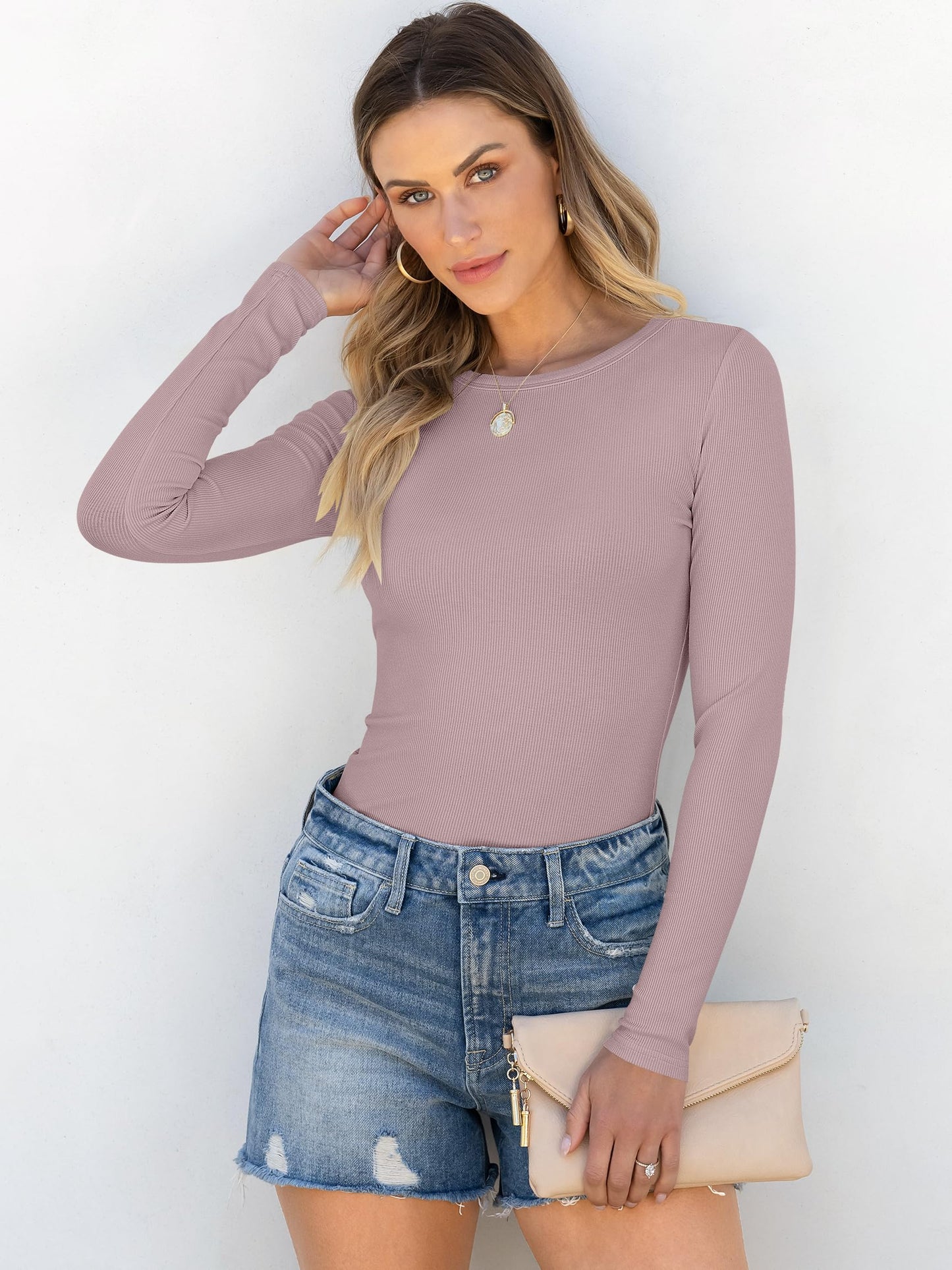 Women Long Sleeve Crewneck Rib Knit Slim Fit Shirts Basic Tee Tops