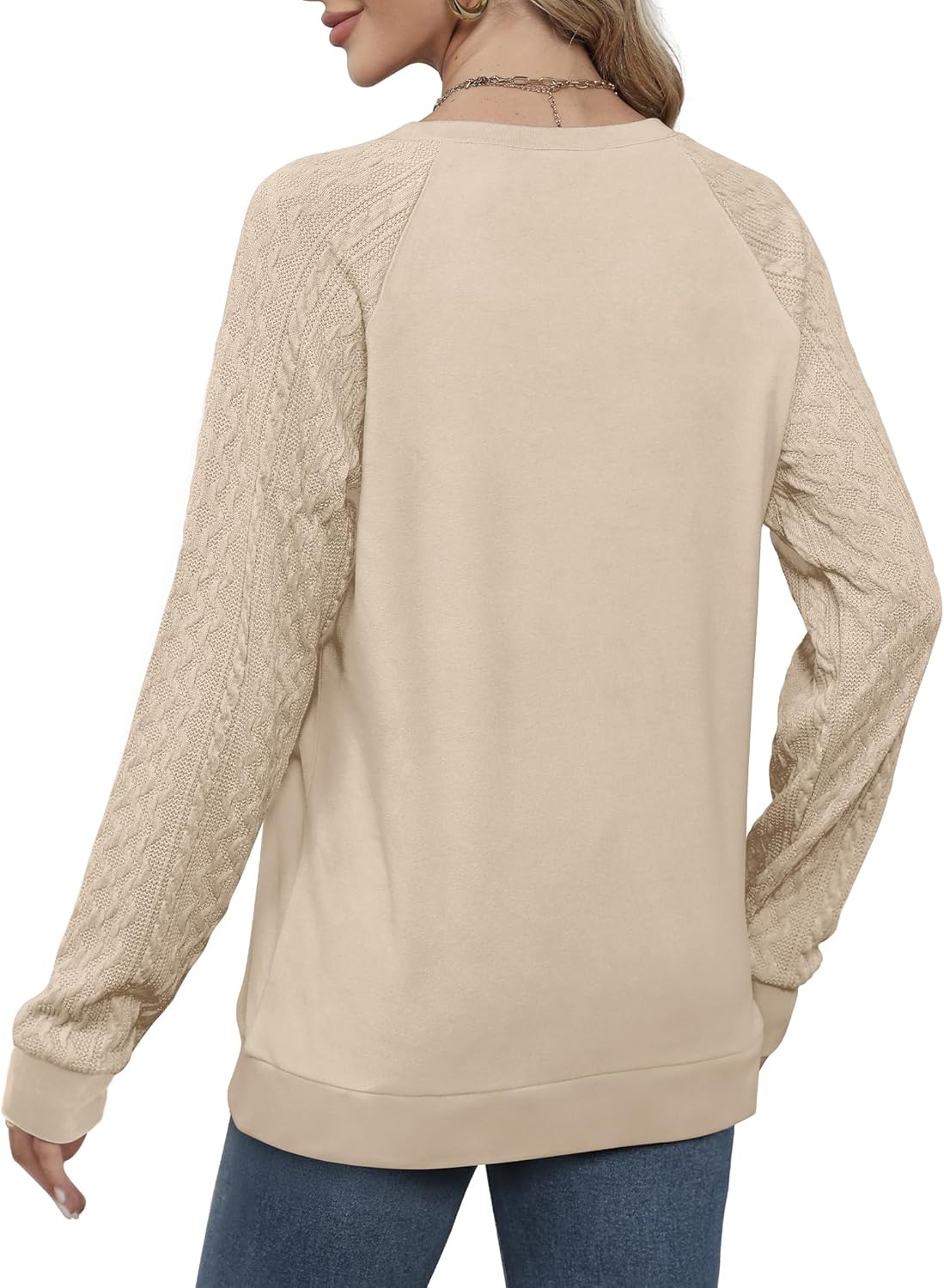 Saloogoe Sweatshirts for Women Crewneck Cable Knit Sleeve Sweaters Lightweight Fashion