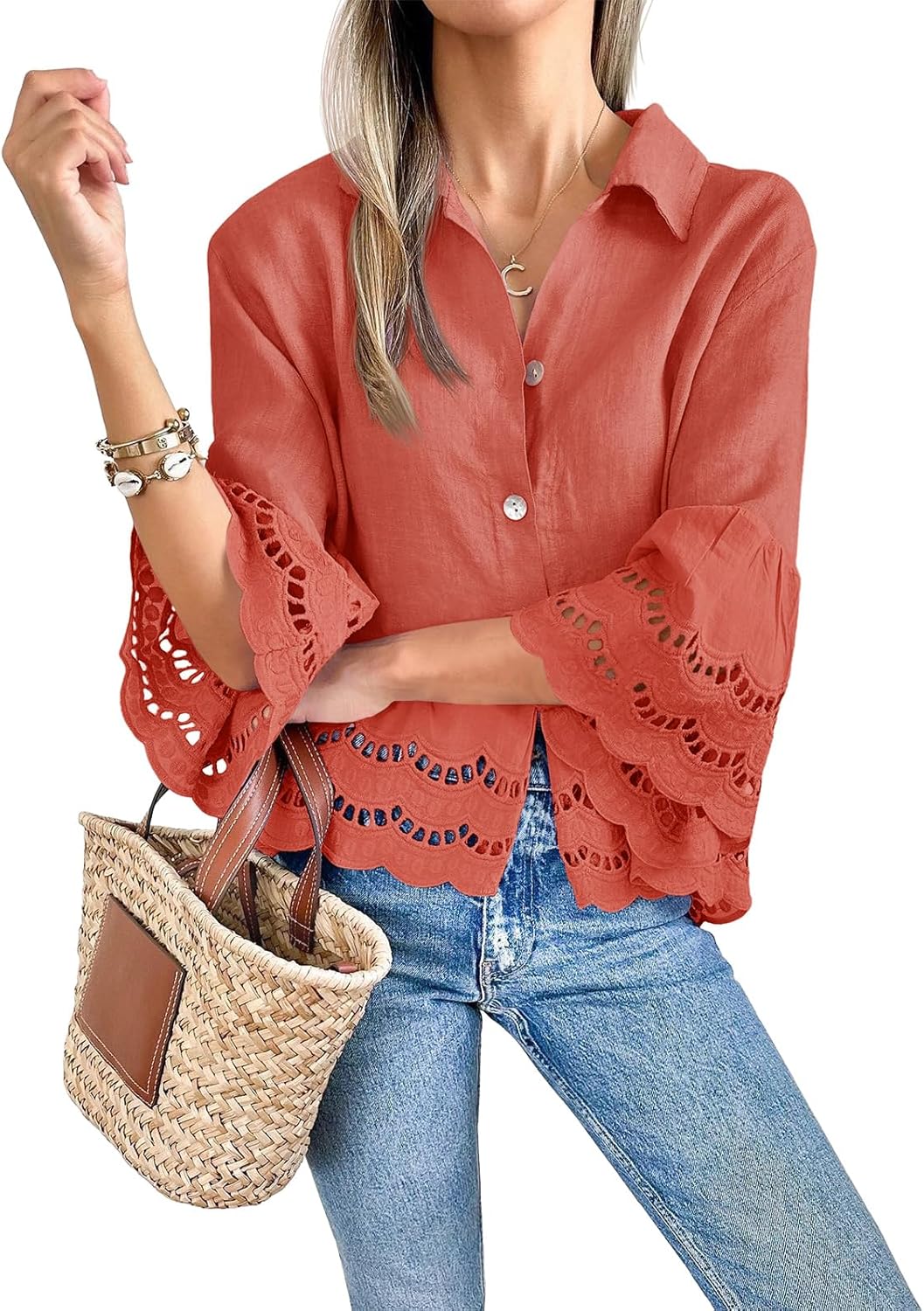 PinkLaura 2025 Women's 3/4 Bell Sleeve Button Down Eyelet Blouse (Buy 2 Free Shipping）