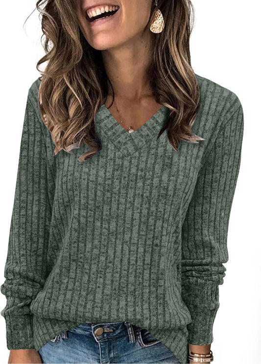 V Neck Long Sleeve Shirts for Women Casual Fall Tops Lightweight Tunic Sweaters Fashion Clothes 2024