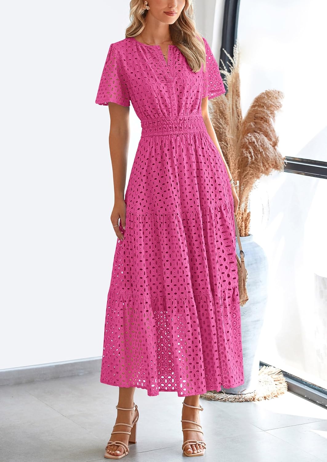 Women‘s Short Sleeve V Neck Eyelet A-Line Maxi Dress (Buy 2 Free Shipping)