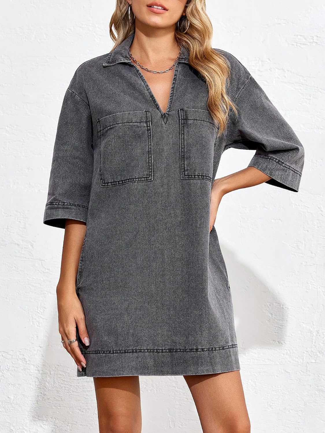 Collared V Neck Denim Shirt Dress (Buy 2 Free Shipping)