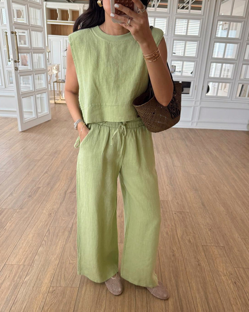 Casual Round Neck Lace-Up Sleeveless Top & Pants Two-Piece Set