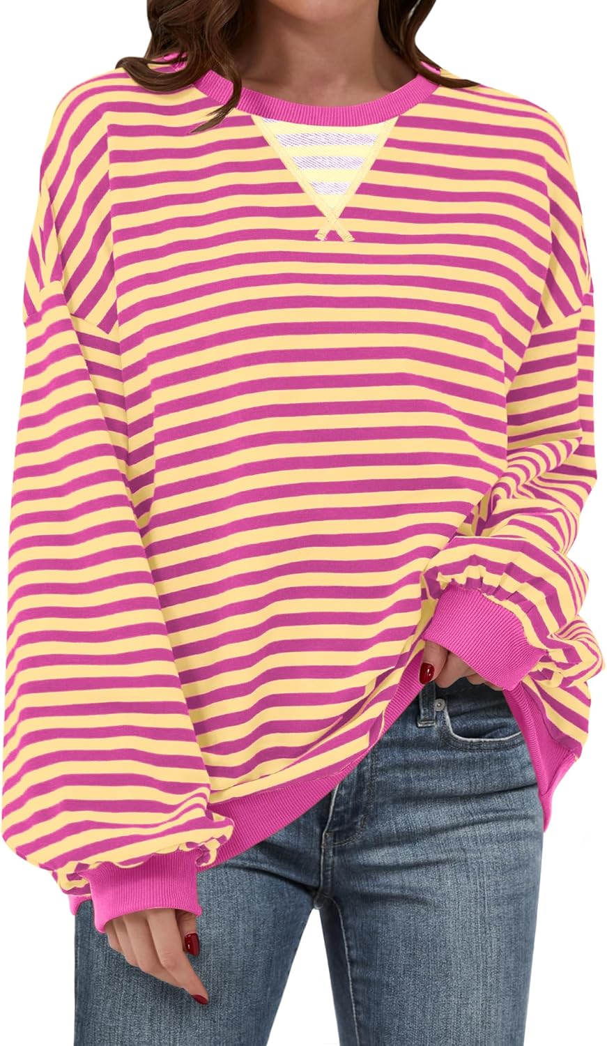 Women Striped Oversized Sweatshirt Long Sleeve Crewneck Shirts 2024 Fall Fashion Pullover Sweater Trendy Clothes