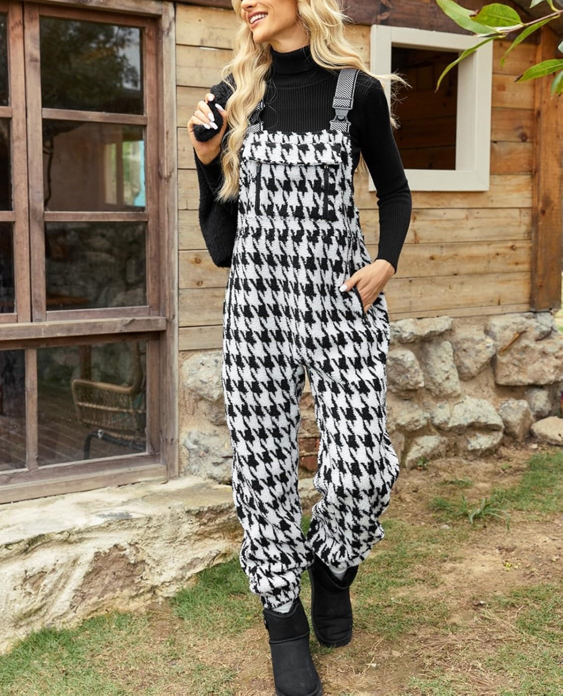 ⛷️Fleece Warm Houndstooth Adjustable Strap Work Jumpsuit  (Buy 2 Free Shipping)