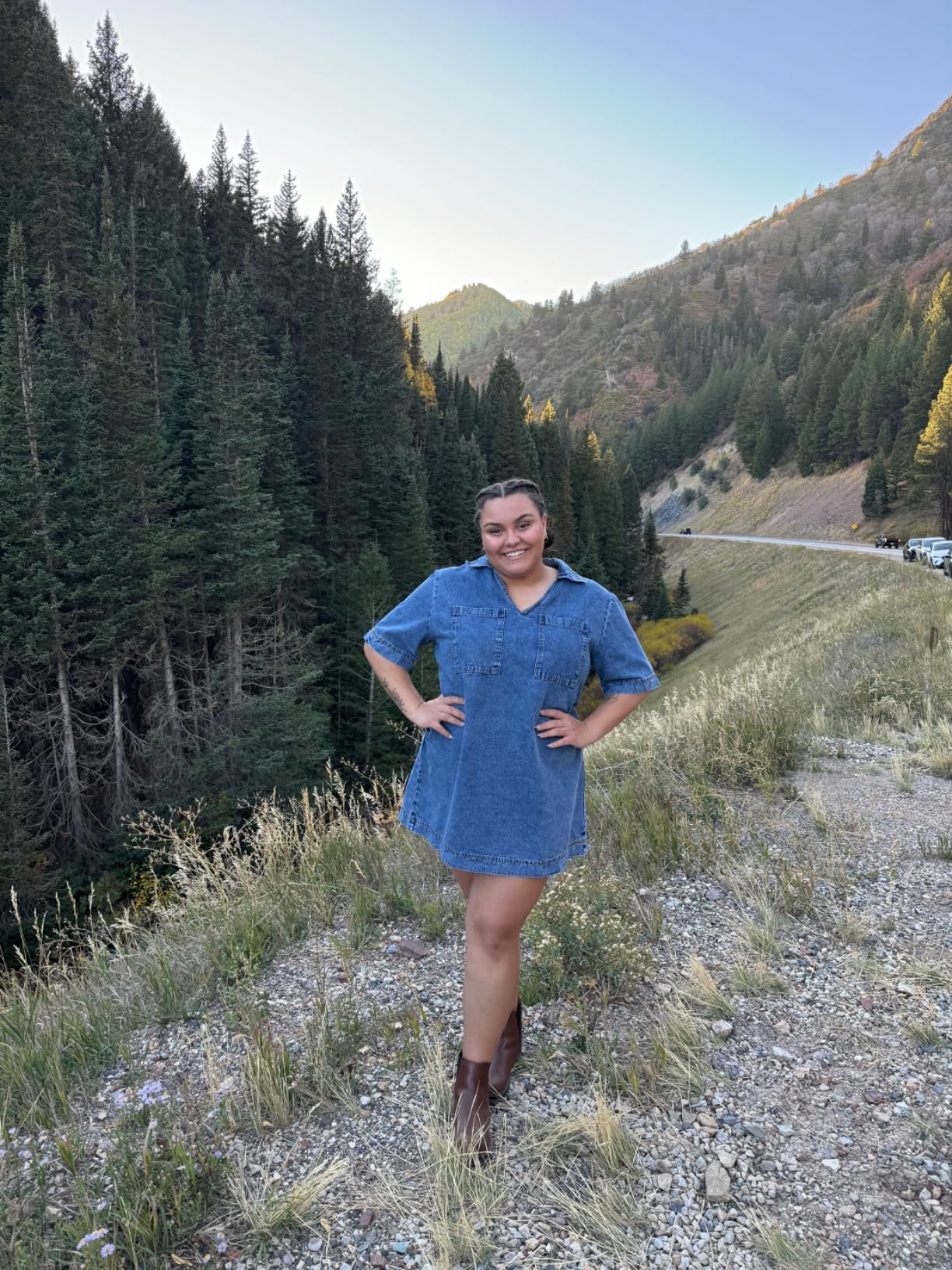 Loose Fit Deep V Lapel Half Sleeve Straight Denim Dress With Pockets (Buy 2 Free Shipping)