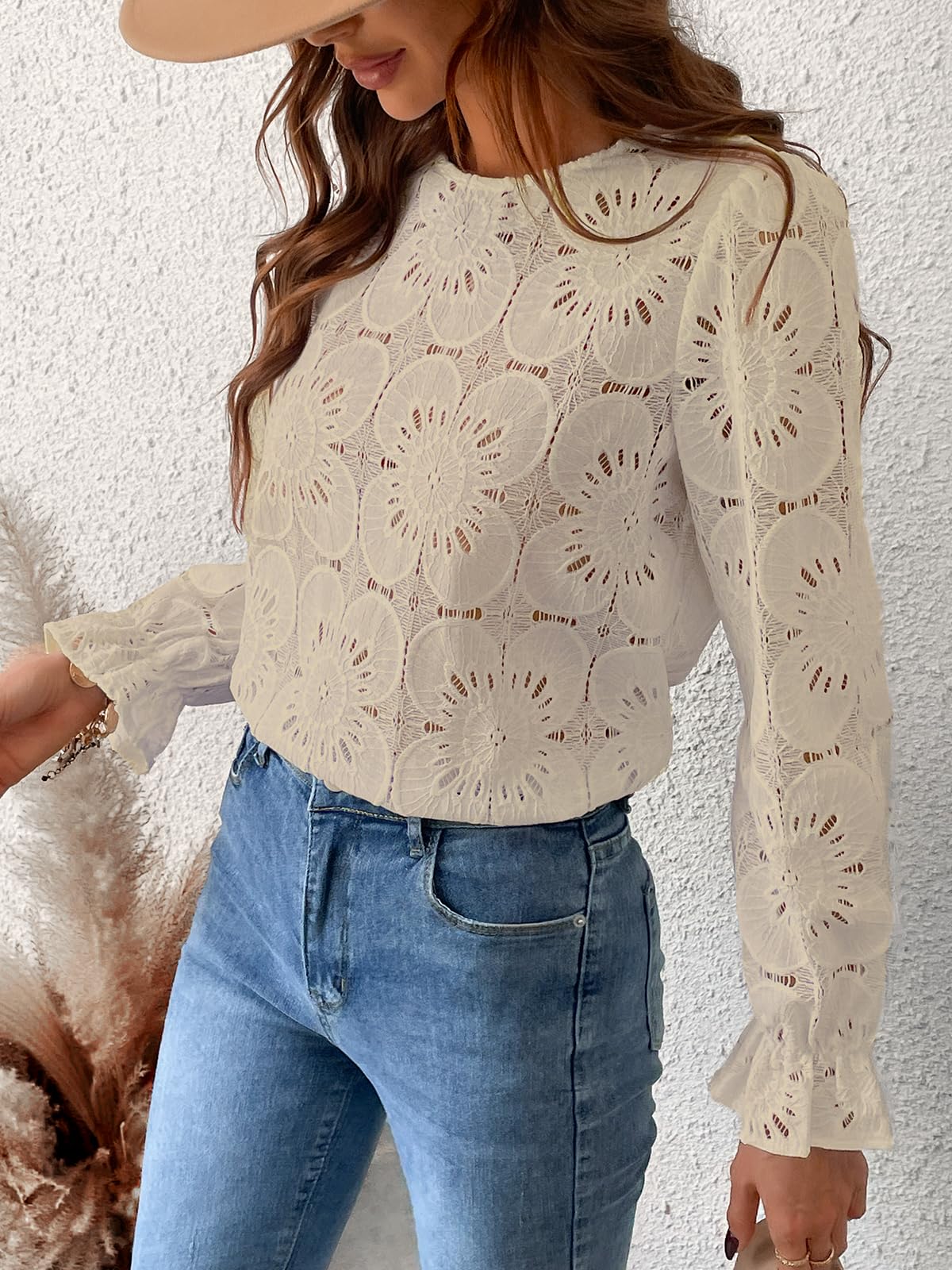 Women Eyelet Long Sleeve Tops