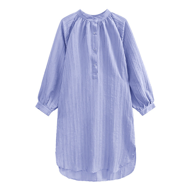 Asymmetric Striped Stand Collar Long Sleeve Midi Dress