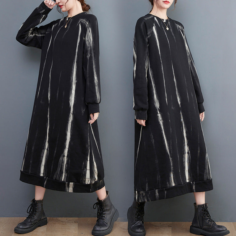 Loose Print Round Neck Long Sleeve Midi Dress