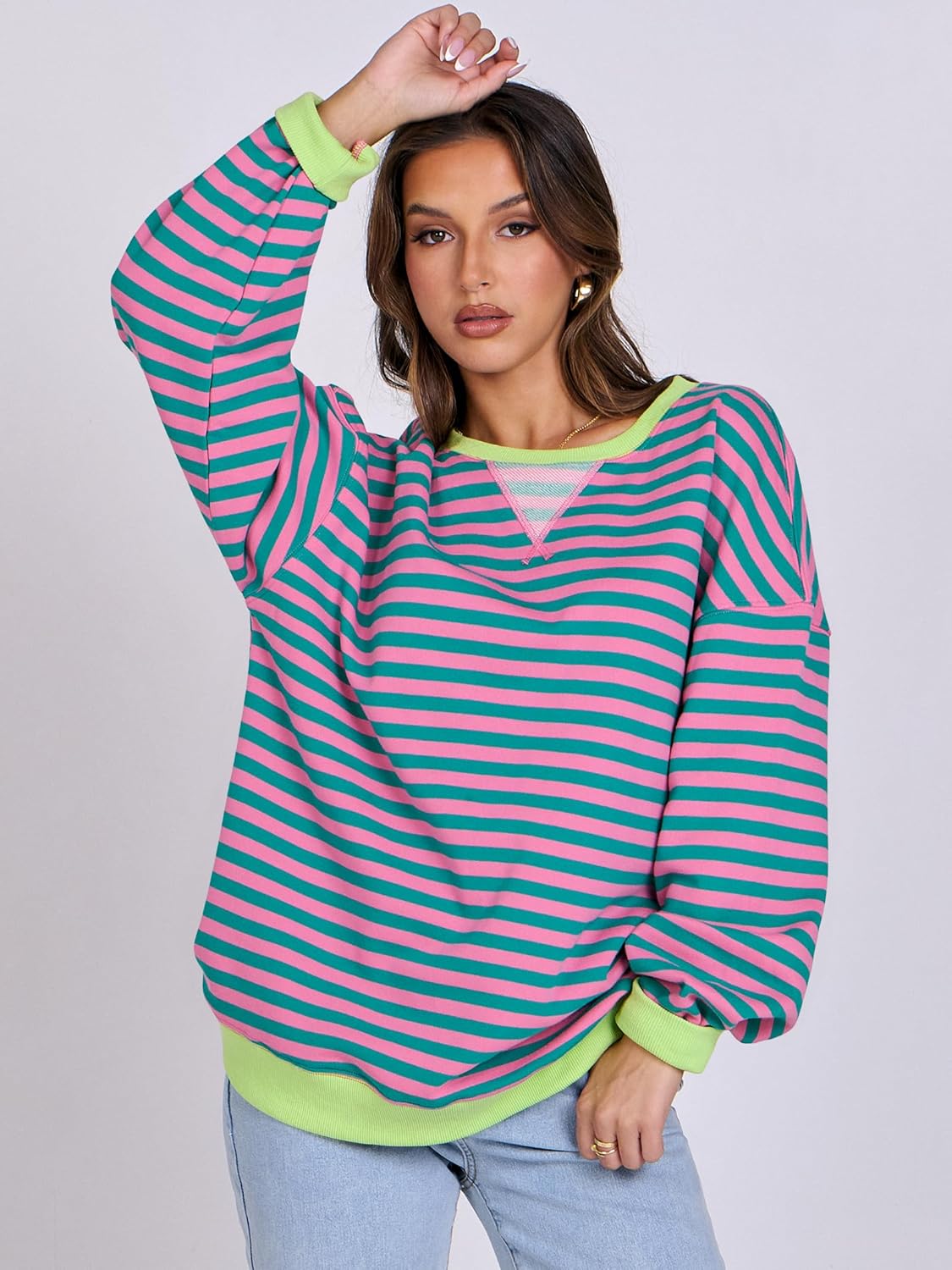 Women Striped Oversized Sweatshirt Long Sleeve Crewneck Shirts 2024 Fall Fashion Pullover Sweater Trendy Clothes