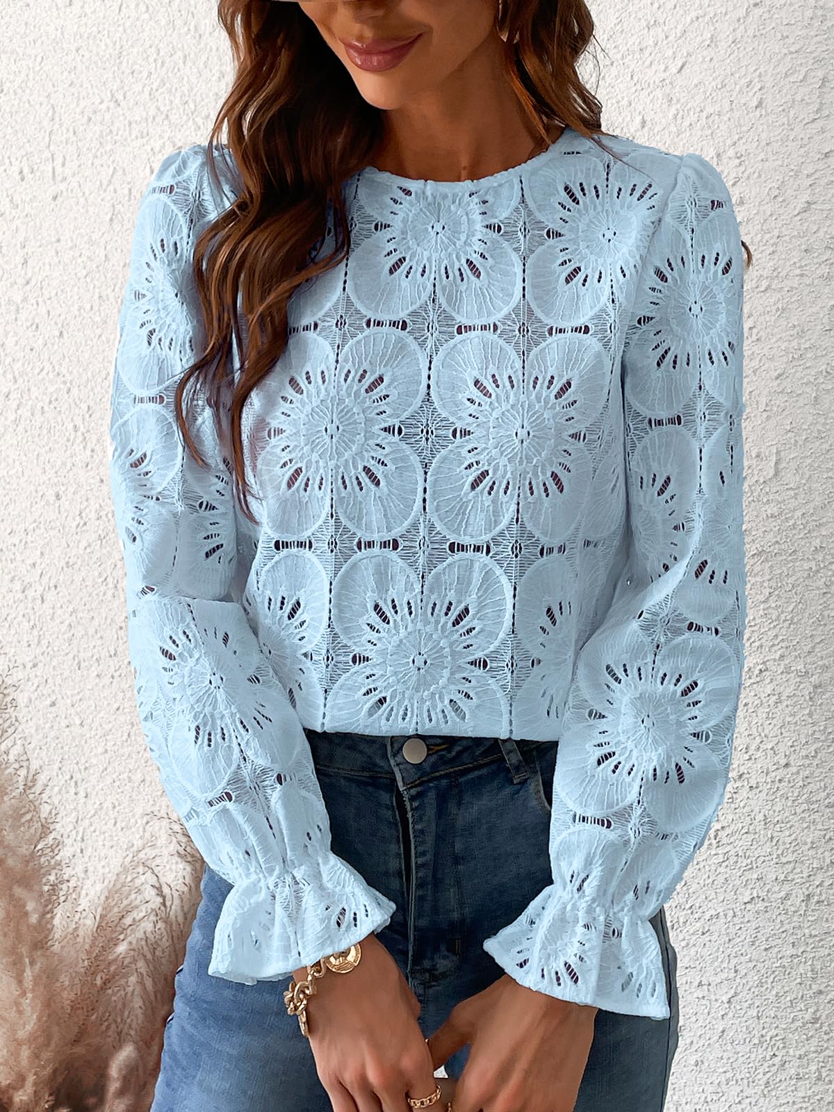 Women Eyelet Long Sleeve Tops