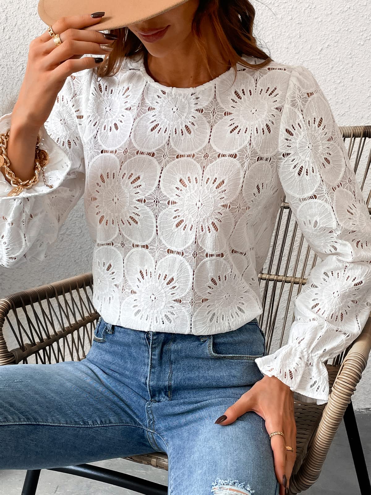 Women Eyelet Long Sleeve Tops