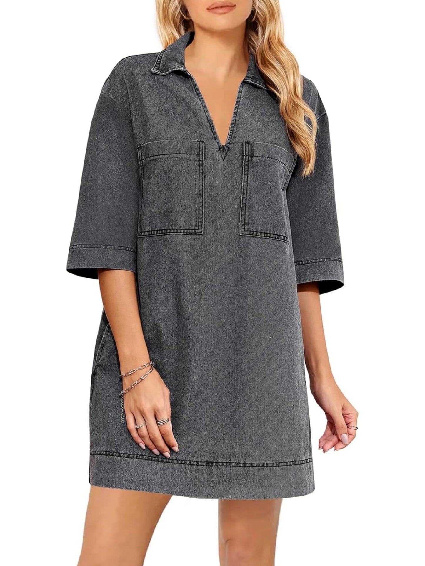 Collared V Neck Denim Shirt Dress (Buy 2 Free Shipping)