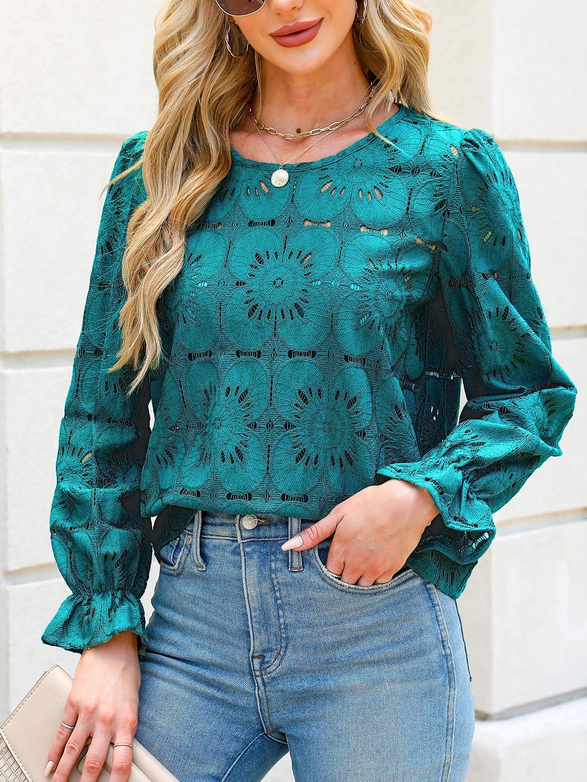Women Eyelet Long Sleeve Tops