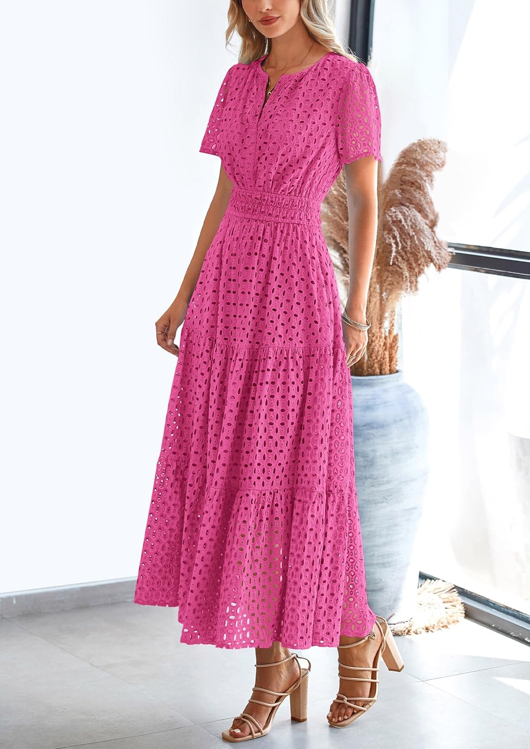 Women‘s Short Sleeve V Neck Eyelet A-Line Maxi Dress (Buy 2 Free Shipping)