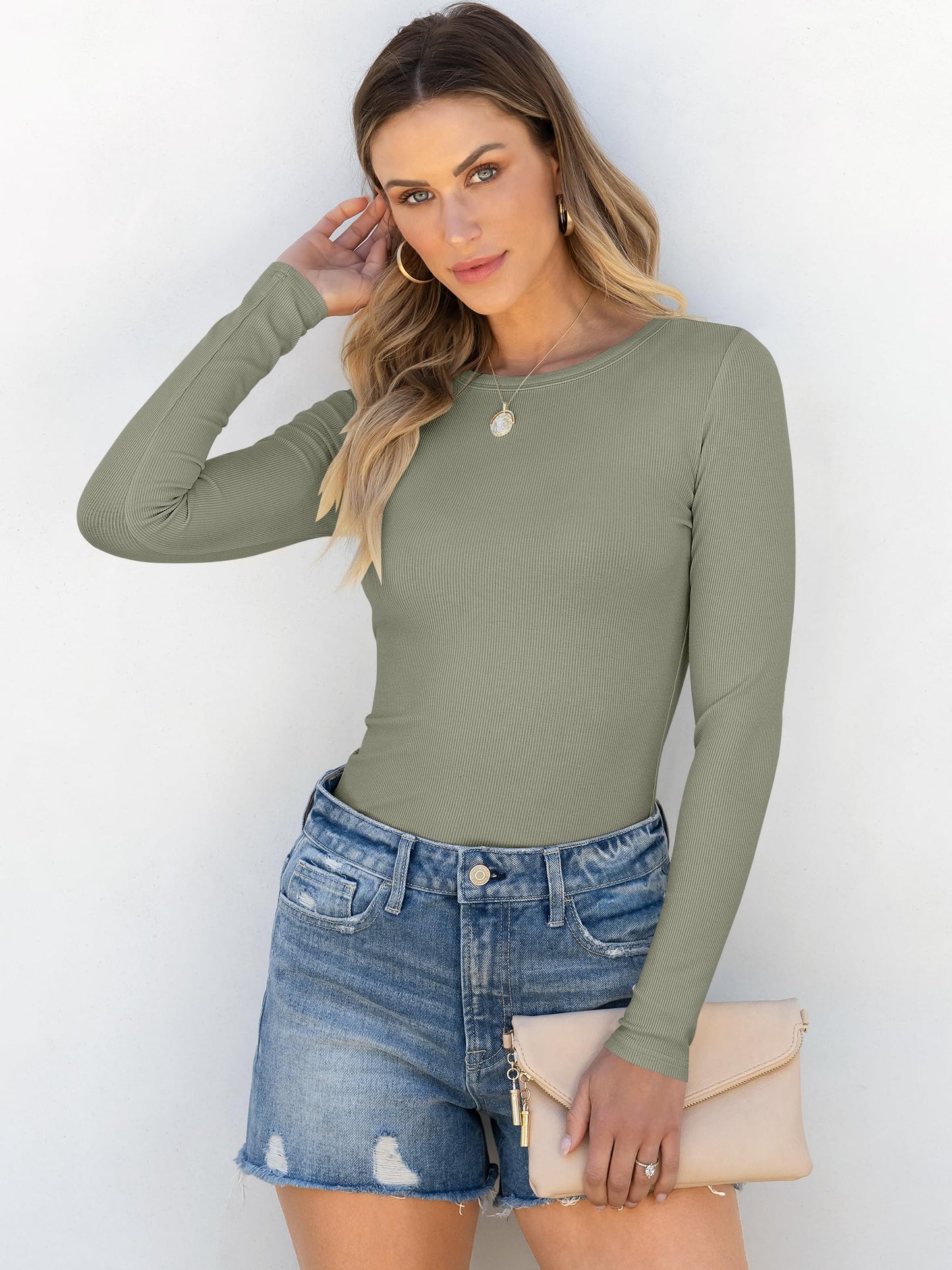 Women Long Sleeve Crewneck Rib Knit Slim Fit Shirts Basic Tee Tops